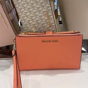 Michael Kors Jet Set Travel Leather Large Double Zip Wallet Wristlet Sherbert